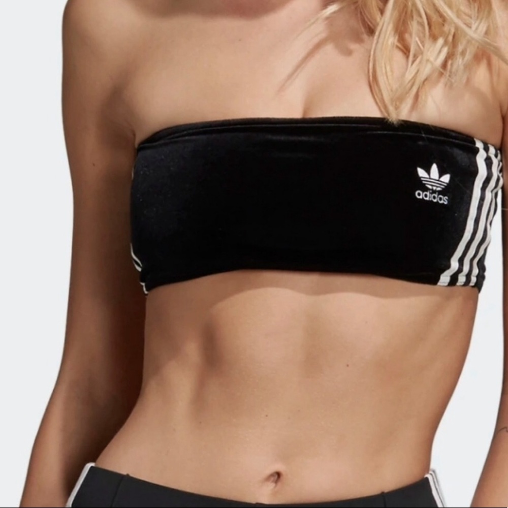 Adidas Original 3 Stripe Velvet Bra Top in Black - Picture 3 of 8